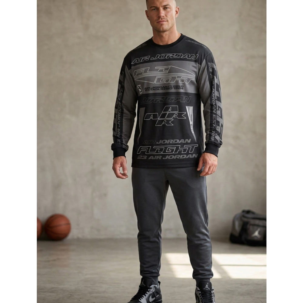Jordan Flight Printed Long Sleeve Jersey Shirt Black Gray Graphic Size S
